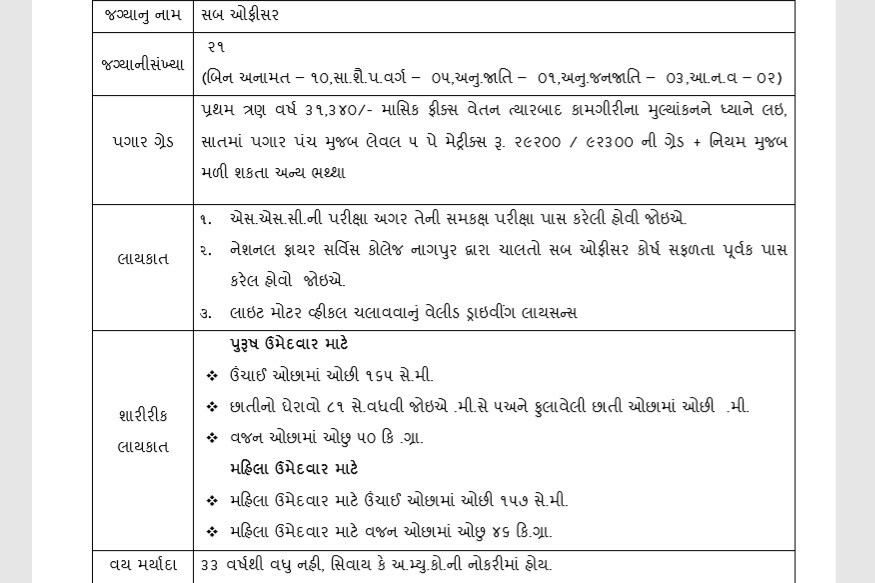 AMCના ફાયર અને ઇમરજન્સી ખાતામાં 21 સબ ઓફિસરના પદ માટે અહીં દર્શાવ્યા મુજબની યોગ્યતા ધરાવતા ઉમેદવારો અરજી કરી શકશે. AMCના ફાયર અને ઇમરજન્સી ખાતામાં 21 સબ ઓફિસરના પદ માટે અહીં દર્શાવ્યા મુજબની યોગ્યતા ધરાવતા ઉમેદવારો અરજી કરી શકશે.