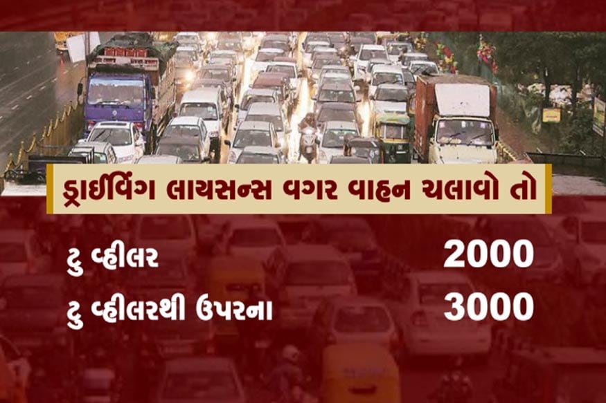 ડ્રાઇવિંગ લાઇસન્સ વગર વાહન ચલાવવું : રૂ. 2000 (ટુ-વ્હીલર માટે, રૂ. 3 હજાર ટુ-વ્હીલરથી ઉપરના વાહનો) ડ્રાઇવિંગ લાઇસન્સ વગર વાહન ચલાવવું : રૂ. 2000 (ટુ-વ્હીલર માટે, રૂ. 3 હજાર ટુ-વ્હીલરથી ઉપરના વાહનો)