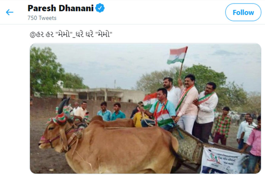  પ્રણવ પટેલ, અમદાવાદ : આજથી એટલે કે 16મી સપ્ટેમ્બરથી રાજ્યમાં ટ્રાફિકના નવા નિયમો લાગૂ થઈ ગયા છે. નવા નિયમો પ્રમાણે ટ્રાફિકના નિયમો તોડવા બદલ દંડની રકમમાં મોટા વધારે કરવામાં આવ્યો છે. વિપક્ષના નેતા પરેશ ધાનાણીએ ટ્રાફિકના નવા નિયમોનો વિરોધ કરતા પોતાના ઓફિશિયલ ટ્વિટર અને ફેસબુક પેજ પર કેટલાક કટાક્ષ કરતા સૂત્રો તેમજ કેટલાક સૂચનો કર્યા છે. સાથે જ પરેશ ધાનાણીએ ટ્રાફિક મેમોને લઈને 'હર હર મેમો ઘેર ઘેર મેમોનું સૂત્ર પણ આપ્યું છે. સાથે જ તેમણે ગાડુ હાકતા હોય તેવી તસવીરો પણ પોસ્ટ કરીને તેને તમામ મોકાણથી છૂટકારો મેળવવાનો ઉપાય ગણાવ્યો છે.