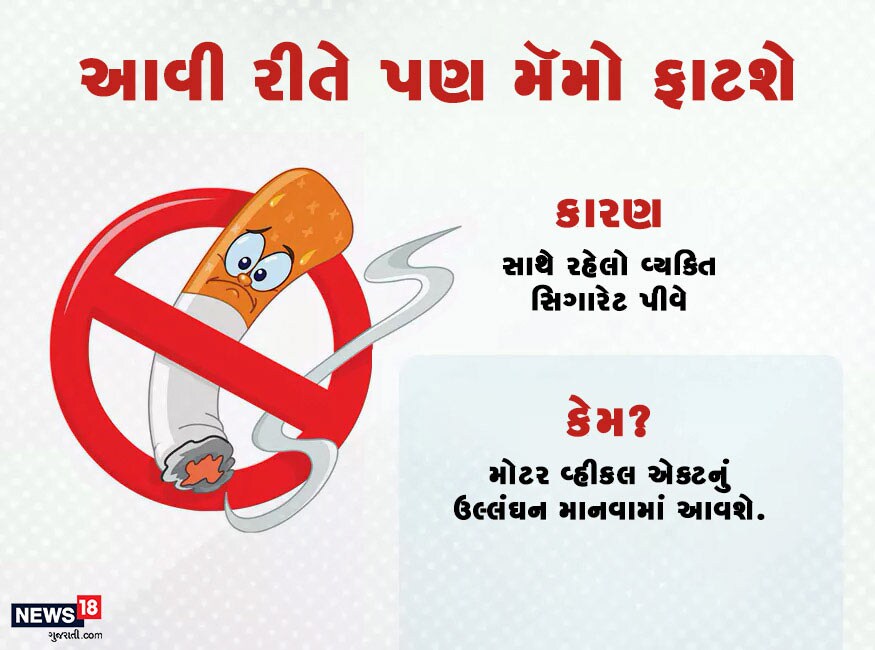 નિયમ પ્રમાણે ડ્રાઇવિંગ વખતે ફક્ત ડ્રાઇવર જ નહીં પરંતુ સાથેનો વ્યક્તિ સિગારેટ પીવે છે તો દંડ થઈ શકે છે. આવું કરવું એક્ટનો ભંગ ગણાશે. નિયમ પ્રમાણે ડ્રાઇવિંગ વખતે ફક્ત ડ્રાઇવર જ નહીં પરંતુ સાથેનો વ્યક્તિ સિગારેટ પીવે છે તો દંડ થઈ શકે છે. આવું કરવું એક્ટનો ભંગ ગણાશે.
