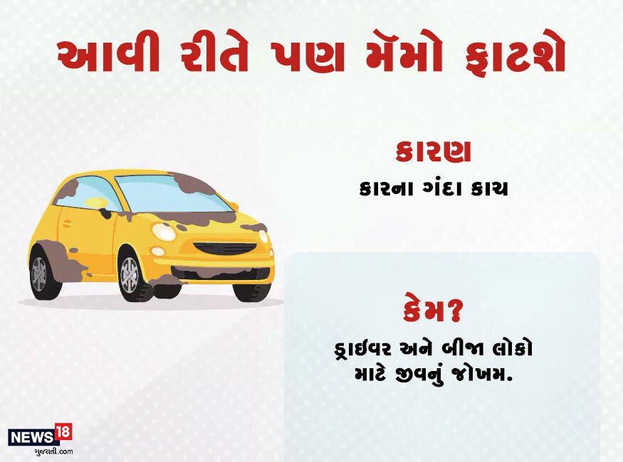 જો તમારી કારનો કાચ ગંદો છે તો તમને દંડ થઈ શકે છે. કારણ કે એક્ટ પ્રમાણે આવી બેદરકારી તમને અને બીજા માટે ભારે પડી શકે છે. જો તમારી કારનો કાચ ગંદો છે તો તમને દંડ થઈ શકે છે. કારણ કે એક્ટ પ્રમાણે આવી બેદરકારી તમને અને બીજા માટે ભારે પડી શકે છે.