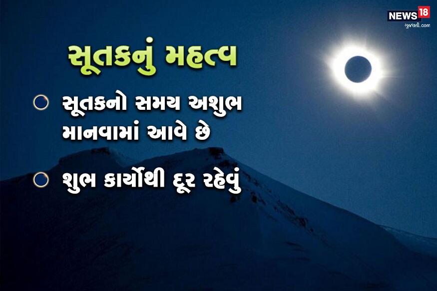 સૂતકનું મહત્વ- ગ્રહણમાં સૂતકનું વિશેષ મહત્વ હોય છે. હિન્દૂ ધર્મ અનુસાર સૂતક લાગવા પર ઘણાં પ્રકારનાં કાર્ય કરવામાં આવતા નથી. સૂતકનો સમય અશુભ માનવામાં આવે છે. સૂતકનું મહત્વ- ગ્રહણમાં સૂતકનું વિશેષ મહત્વ હોય છે. હિન્દૂ ધર્મ અનુસાર સૂતક લાગવા પર ઘણાં પ્રકારનાં કાર્ય કરવામાં આવતા નથી. સૂતકનો સમય અશુભ માનવામાં આવે છે.