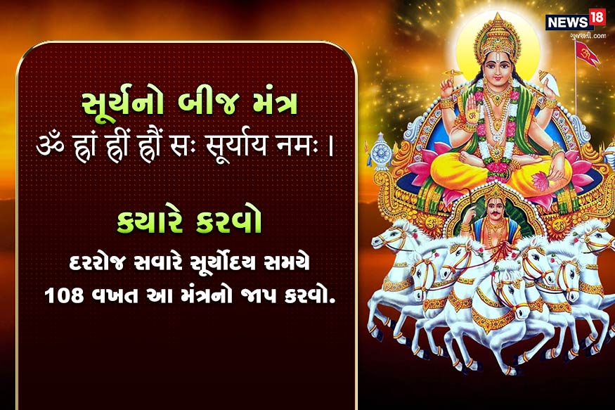 સૂર્યનો બીજ મંત્ર<br />ॐ ह्रां ह्रीं ह्रौं सः सूर्याय नमः।<br />ક્યારે કરવો- દરરોજ સવારે સૂર્યોદય સમયે 108 વખત આ મંત્રનો જાપ કરવો. સૂર્યનો બીજ મંત્ર<br />ॐ ह्रां ह्रीं ह्रौं सः सूर्याय नमः।<br />ક્યારે કરવો- દરરોજ સવારે સૂર્યોદય સમયે 108 વખત આ મંત્રનો જાપ કરવો.
