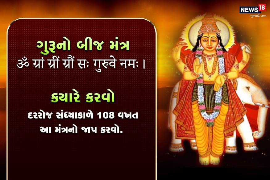 ગુરૂનો બીજ મંત્ર<br />ॐ ग्रां ग्रीं ग्रौं सः गुरुवे नमः।<br />ક્યારે કરવો- દરરોજ સંધ્યાકાળે 108 વખત આ મંત્રનો જાપ કરવો. ગુરૂનો બીજ મંત્ર<br />ॐ ग्रां ग्रीं ग्रौं सः गुरुवे नमः।<br />ક્યારે કરવો- દરરોજ સંધ્યાકાળે 108 વખત આ મંત્રનો જાપ કરવો.