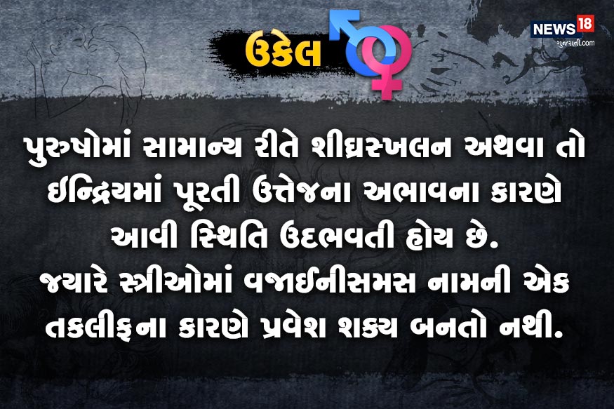 પુરુષોમાં સામાન્ય રીતે શીઘ્રસ્ખલન અથવા તો ઇન્દ્રિયમાં પૂરતી ઉત્તેજના અભાવના કારણે આવી સ્થિતિ ઉદભવતી હોય છે. જ્યારે સ્ત્રીઓમાં વજાઈનીસમસ નામની એક તકલીફના કારણે પ્રવેશ શક્ય બનતો નથી. પુરુષોમાં સામાન્ય રીતે શીઘ્રસ્ખલન અથવા તો ઇન્દ્રિયમાં પૂરતી ઉત્તેજના અભાવના કારણે આવી સ્થિતિ ઉદભવતી હોય છે. જ્યારે સ્ત્રીઓમાં વજાઈનીસમસ નામની એક તકલીફના કારણે પ્રવેશ શક્ય બનતો નથી.