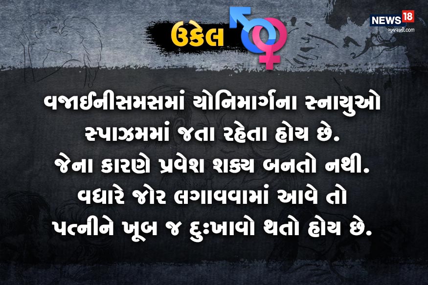 વજાઈનીસમસમાં યોનિમાર્ગના સ્નાયુઓ સ્પાઝમમાં જતા રહેતા હોય છે. જેના કારણે પ્રવેશ શક્ય બનતો નથી. વધારે જોર લગાવવામાં આવે તો પત્નીને ખૂબ જ દુઃખાવો થતો હોય છે. વજાઈનીસમસમાં યોનિમાર્ગના સ્નાયુઓ સ્પાઝમમાં જતા રહેતા હોય છે. જેના કારણે પ્રવેશ શક્ય બનતો નથી. વધારે જોર લગાવવામાં આવે તો પત્નીને ખૂબ જ દુઃખાવો થતો હોય છે.