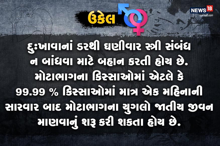 દુઃખાવાનાં ડરથી ઘણીવાર સ્ત્રી સંબંધ ન બાંધવા માટે બહાન કરતી હોય છે. મોટાભાગના કિસ્સાઓમાં એટલે કે 99.99 ટકા કિસ્સાઓમાં માત્ર એક મહિનાની સારવાર બાદ મોટાભાગના યુગલો જાતીય જીવન માણવાનું શરૂ કરી શકતા હોય છે. દુઃખાવાનાં ડરથી ઘણીવાર સ્ત્રી સંબંધ ન બાંધવા માટે બહાન કરતી હોય છે. મોટાભાગના કિસ્સાઓમાં એટલે કે 99.99 ટકા કિસ્સાઓમાં માત્ર એક મહિનાની સારવાર બાદ મોટાભાગના યુગલો જાતીય જીવન માણવાનું શરૂ કરી શકતા હોય છે.