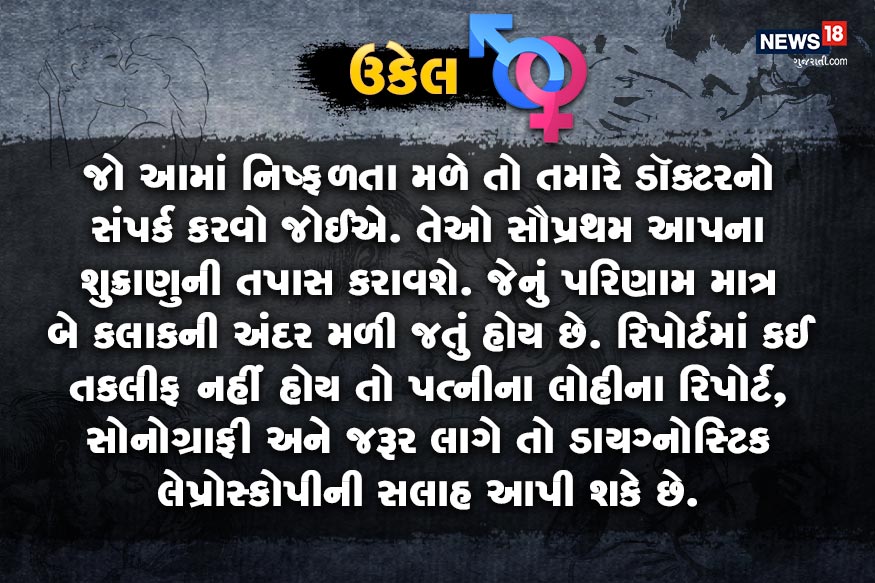 જો આમાં નિષ્ફળતા મળે તો તમારે ડૉક્ટરનો સંપર્ક કરવો જોઈએ. તેઓ સૌપ્રથમ આપના શુક્રાણુની તપાસ કરાવશે. જેનું પરિણામ માત્ર બે કલાકની અંદર મળી જતું હોય છે. રિપોર્ટમાં કઈ તકલીફ નહીં હોય તો પત્નીના લોહીના રિપોર્ટ, સોનોગ્રાફી અને જરૂર લાગે તો ડાયગ્નોસ્ટિક લેપ્રોસ્કોપીની સલાહ આપી શકે છે. જો આમાં નિષ્ફળતા મળે તો તમારે ડૉક્ટરનો સંપર્ક કરવો જોઈએ. તેઓ સૌપ્રથમ આપના શુક્રાણુની તપાસ કરાવશે. જેનું પરિણામ માત્ર બે કલાકની અંદર મળી જતું હોય છે. રિપોર્ટમાં કઈ તકલીફ નહીં હોય તો પત્નીના લોહીના રિપોર્ટ, સોનોગ્રાફી અને જરૂર લાગે તો ડાયગ્નોસ્ટિક લેપ્રોસ્કોપીની સલાહ આપી શકે છે.