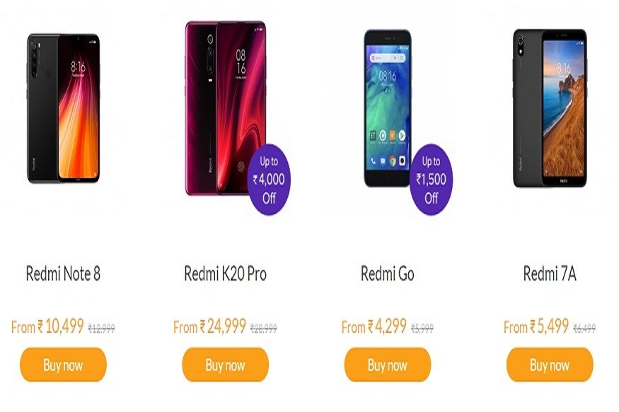 આ ઉપરાંત 24,999 રૂપિયાના Redmi K20ને 19,999 રૂપિયામાં ખરીદી શકાશે. જ્યારે આ ઓફરમાં Redmi 8A 6,499 રૂપિયામાં ઉપલબ્ધ છે. Redmi Note 8 ઉપર 2 હજાર રૂપિયા ડિસ્કાઉન્ટ છે. Redmi K20 Proને તમે 4,000 રૂપિયાની છૂટ સાથે 24,999માં ખરીદી શકશો. શિયોમીનો સૌથી સસ્તો ફોન Redmi Goને માત્ર 4,299 રૂપિયામાં મેળવી શકાશે. આ ઉપરાંત 24,999 રૂપિયાના Redmi K20ને 19,999 રૂપિયામાં ખરીદી શકાશે. જ્યારે આ ઓફરમાં Redmi 8A 6,499 રૂપિયામાં ઉપલબ્ધ છે. Redmi Note 8 ઉપર 2 હજાર રૂપિયા ડિસ્કાઉન્ટ છે. Redmi K20 Proને તમે 4,000 રૂપિયાની છૂટ સાથે 24,999માં ખરીદી શકશો. શિયોમીનો સૌથી સસ્તો ફોન Redmi Goને માત્ર 4,299 રૂપિયામાં મેળવી શકાશે.