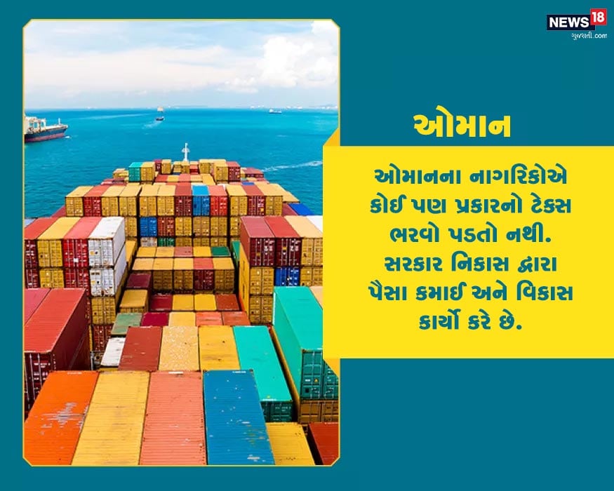 ઓમાનના નાગરિકોએ કોઈ પણ પ્રકારનો ટેક્સ ભરવો પડતો નથી. સરકાર નિકાસ દ્વારા પૈસા કમાઈ અને વિકાસ કાર્યો કરે છે. ઓમાનના નાગરિકોએ કોઈ પણ પ્રકારનો ટેક્સ ભરવો પડતો નથી. સરકાર નિકાસ દ્વારા પૈસા કમાઈ અને વિકાસ કાર્યો કરે છે.