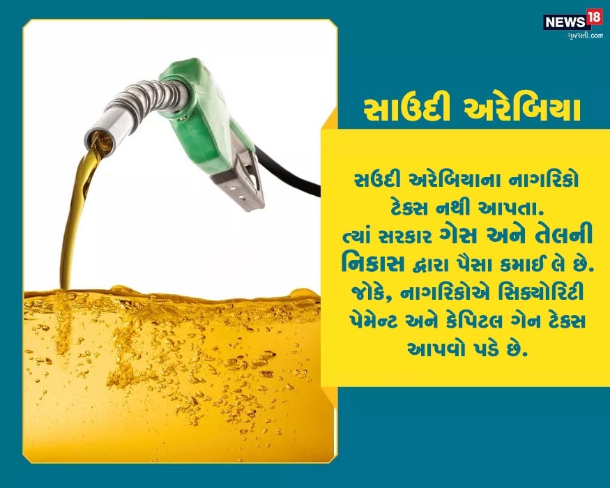 સાઉદી અરેબિયાના નાગરિકો ટેક્સ નથી આપતા. ત્યાં સરકાર ગેસ અને તેલની નિકાસ દ્વારા પૈસા કમાઈ લે છે. જોકે, નાગરિકોએ સિક્યોરિટી પેમેન્ટ અને કેપિટલ ગેન ટેક્સ આપવો પડે છે. સાઉદી અરેબિયાના નાગરિકો ટેક્સ નથી આપતા. ત્યાં સરકાર ગેસ અને તેલની નિકાસ દ્વારા પૈસા કમાઈ લે છે. જોકે, નાગરિકોએ સિક્યોરિટી પેમેન્ટ અને કેપિટલ ગેન ટેક્સ આપવો પડે છે.