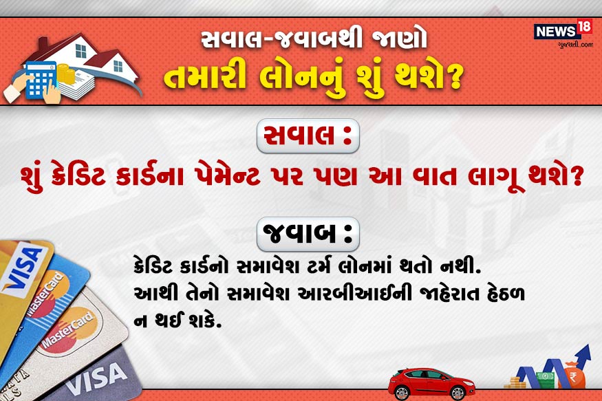 સવાલ : શું ક્રેડિટ કાર્ડના પેમેન્ટ પર પણ આ વાત લાગૂ થશે? જવાબ : ક્રેડિટ કાર્ડનો સમાવેશ ટર્મ લોનમાં થતો નથી. આથી તેનો સમાવેશ આરબીઆઈની જાહેરાત હેઠળ ન થઈ શકે. સવાલ : શું ક્રેડિટ કાર્ડના પેમેન્ટ પર પણ આ વાત લાગૂ થશે? જવાબ : ક્રેડિટ કાર્ડનો સમાવેશ ટર્મ લોનમાં થતો નથી. આથી તેનો સમાવેશ આરબીઆઈની જાહેરાત હેઠળ ન થઈ શકે.