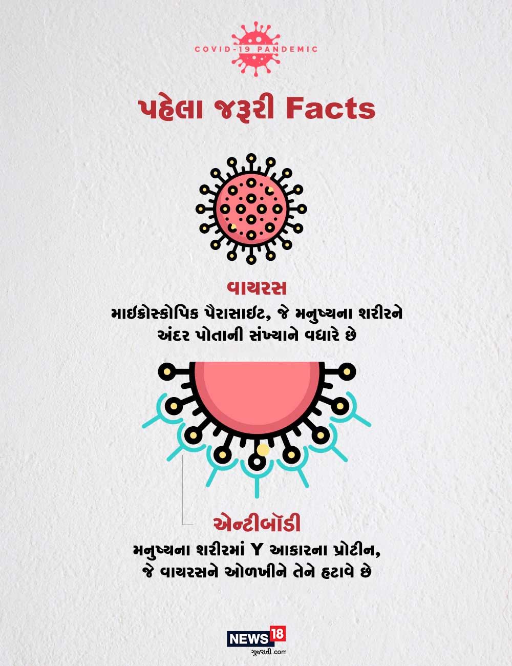વાયરસઃ માઇક્રોસ્કોપિક પૈરાસાઇટ, જે મનુષ્યના શરીરને અંદર પોતાની સંખ્યાને વધારે છે. એન્ટીબૉડીઃ મનુષ્યના શરીરમાં વાયના આકારના પ્રોટીન, જે વાયરસને ઓળખીને તેને હટાવે છે. વાયરસઃ માઇક્રોસ્કોપિક પૈરાસાઇટ, જે મનુષ્યના શરીરને અંદર પોતાની સંખ્યાને વધારે છે. એન્ટીબૉડીઃ મનુષ્યના શરીરમાં વાયના આકારના પ્રોટીન, જે વાયરસને ઓળખીને તેને હટાવે છે.