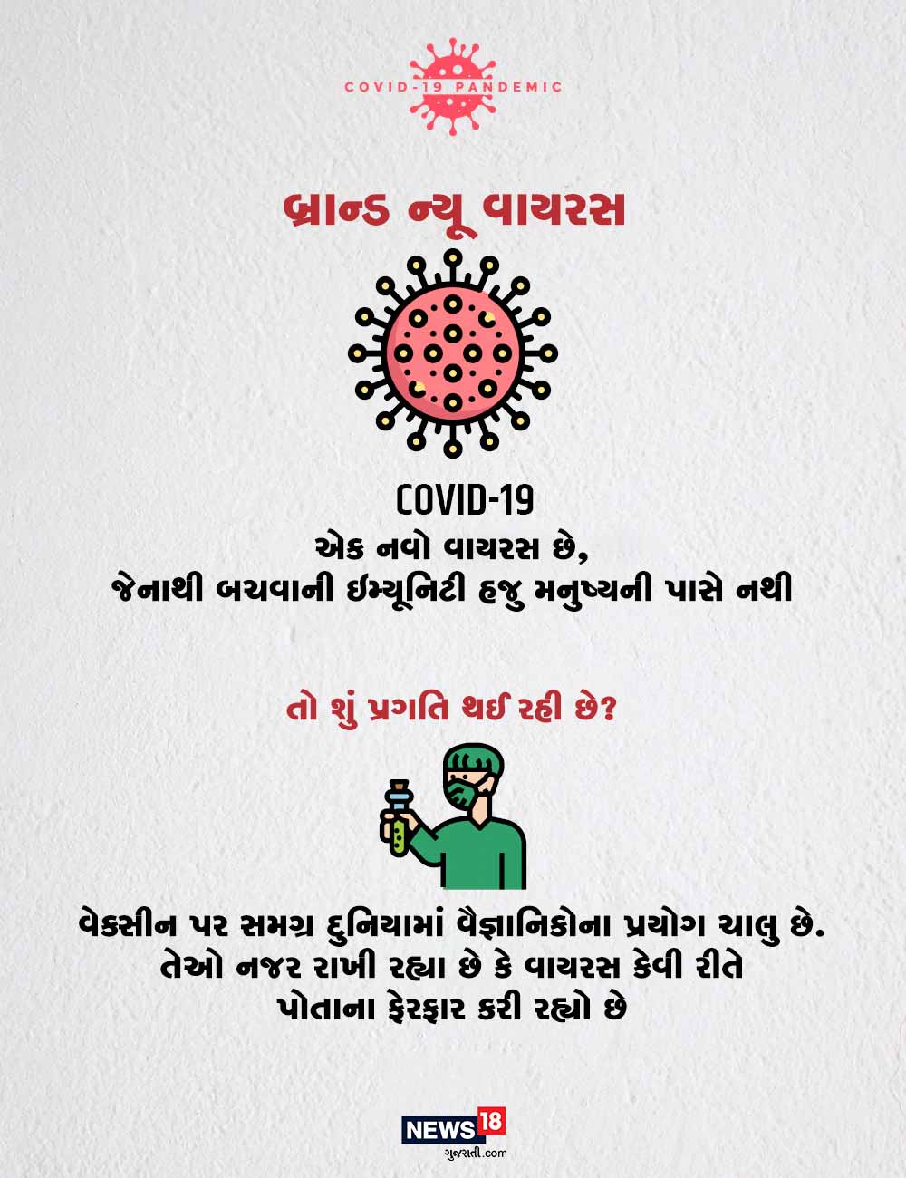 એક નવો વાયરસ છે, જેનાથી બચવાની ઇમ્યૂનિટી હજુ મનુષ્યની પાસે નથી. તો શું પ્રગતિ થઈ રહી છે? - વેક્સીન પર સમગ્ર દુનિયામાં વૈજ્ઞાનિકોના પ્રયોગ ચાલુ છે. તેઓ નજર રાખી રહ્યા છે કે વાયરસ કેવી રીતે પોતાના ફેરફાર કરી રહ્યો છે. એક નવો વાયરસ છે, જેનાથી બચવાની ઇમ્યૂનિટી હજુ મનુષ્યની પાસે નથી. તો શું પ્રગતિ થઈ રહી છે? - વેક્સીન પર સમગ્ર દુનિયામાં વૈજ્ઞાનિકોના પ્રયોગ ચાલુ છે. તેઓ નજર રાખી રહ્યા છે કે વાયરસ કેવી રીતે પોતાના ફેરફાર કરી રહ્યો છે.