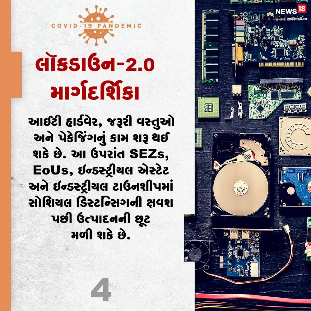 4) આઈટી હાર્ડવેર, જરૂરી વસ્તુઓ અને પેકેજિંગનું કામ શરૂ થઈ શકે છે. આ ઉપરાંત SEZs, EoUs, ઇન્ડસ્ટ્રીયલ એસ્ટેટ અને ઇન્ડસ્ટ્રીયલ ટાઉનશીપમાં સોશિયલ ડિસ્ટન્સિંગની SOP પછી ઉત્પાદનની છૂટ મળી શકે છે. 4) આઈટી હાર્ડવેર, જરૂરી વસ્તુઓ અને પેકેજિંગનું કામ શરૂ થઈ શકે છે. આ ઉપરાંત SEZs, EoUs, ઇન્ડસ્ટ્રીયલ એસ્ટેટ અને ઇન્ડસ્ટ્રીયલ ટાઉનશીપમાં સોશિયલ ડિસ્ટન્સિંગની SOP પછી ઉત્પાદનની છૂટ મળી શકે છે.