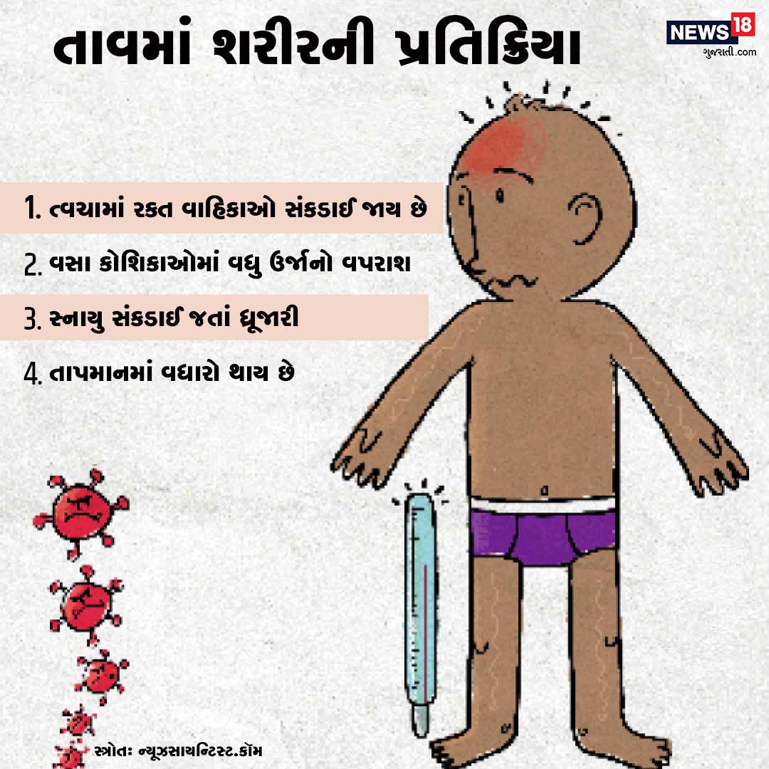 તાવમાં જ્યારે મગજ સિગ્નલ આપે છે તો તેની અસર શરીર પર જોવા મળે છે. ત્વચામાં રક્ત વાહિકાઓ સંકડાઈ જાય છે, વસા કોશિકાઓથી વધુ ઉર્જા વપરાય છે, સ્નાનુ સંકડાઈ જવાથી ધ્રૂજારી આવે છે અને તાપમાનમાં વધારો થાય છે. તાવમાં જ્યારે મગજ સિગ્નલ આપે છે તો તેની અસર શરીર પર જોવા મળે છે. ત્વચામાં રક્ત વાહિકાઓ સંકડાઈ જાય છે, વસા કોશિકાઓથી વધુ ઉર્જા વપરાય છે, સ્નાનુ સંકડાઈ જવાથી ધ્રૂજારી આવે છે અને તાપમાનમાં વધારો થાય છે.