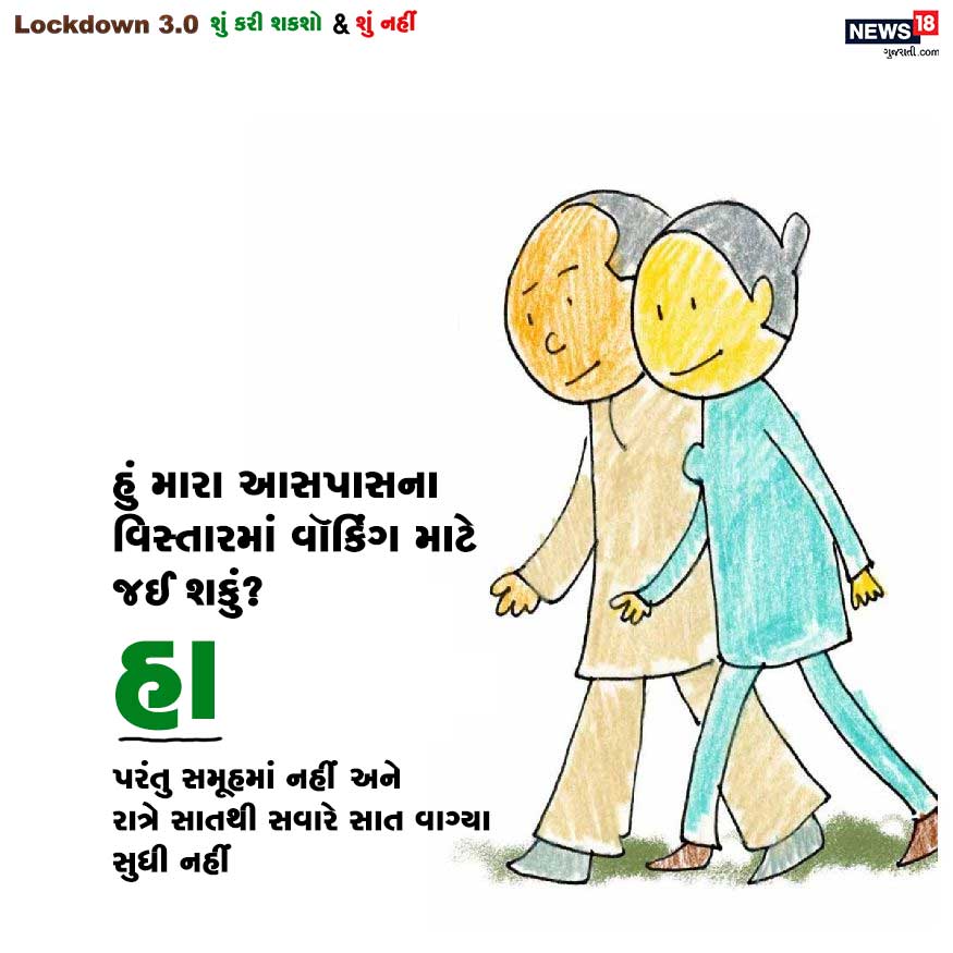 સવાલ : હું મારા આસપાસના વિસ્તારમાં વૉકિંગ માટે જઈ શકું? જવાબ : હા. પરંતુ સમૂહમાં નહીં અને રાત્રે સાતથી સવારે સાત વાગ્યા સુધી નહીં. સવાલ : હું મારા આસપાસના વિસ્તારમાં વૉકિંગ માટે જઈ શકું? જવાબ : હા. પરંતુ સમૂહમાં નહીં અને રાત્રે સાતથી સવારે સાત વાગ્યા સુધી નહીં.