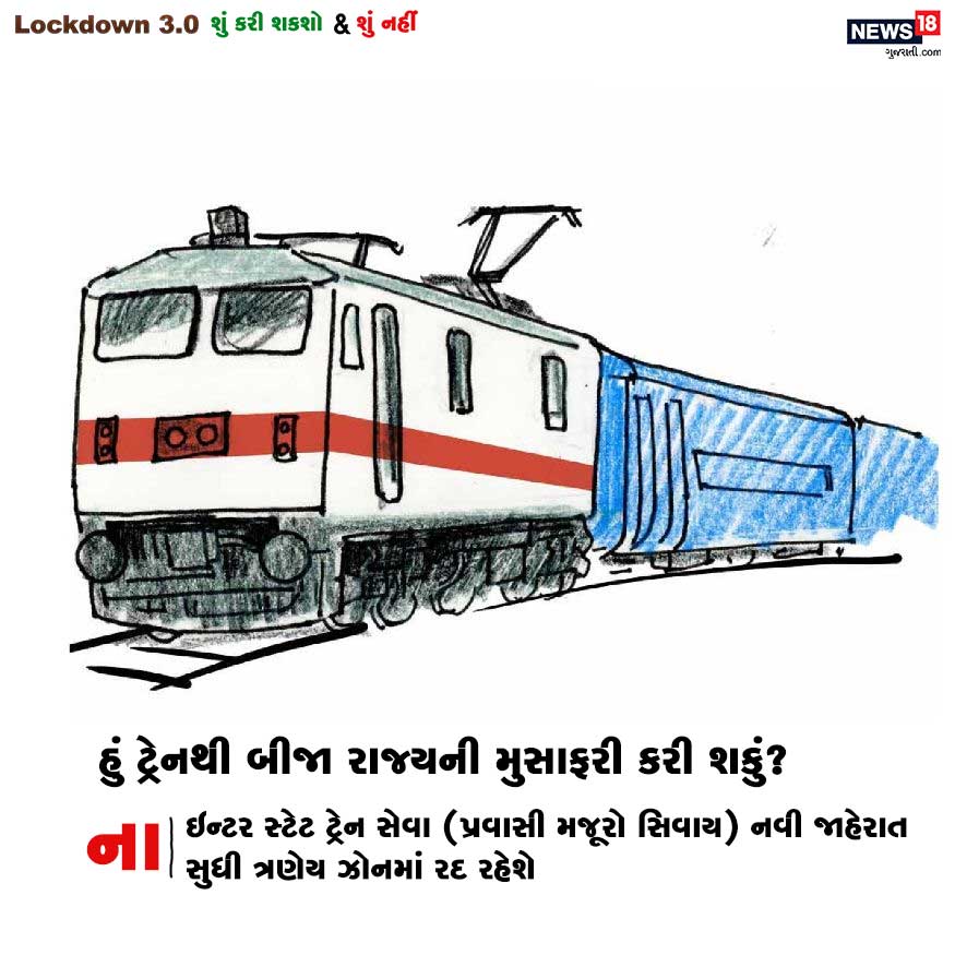 સવાલ : હું ટ્રેનથી બીજા રાજ્યની મુસાફરી કરી શકું? જવાબ : ના . ઇન્ટર સ્ટેટ ટ્રેન સેવા (પ્રવાસી મજૂરો સિવાય) નવી જાહેરાત સુધી ત્રણેય ઝોનમાં રદ રહેશે. સવાલ : હું ટ્રેનથી બીજા રાજ્યની મુસાફરી કરી શકું? જવાબ : ના . ઇન્ટર સ્ટેટ ટ્રેન સેવા (પ્રવાસી મજૂરો સિવાય) નવી જાહેરાત સુધી ત્રણેય ઝોનમાં રદ રહેશે.