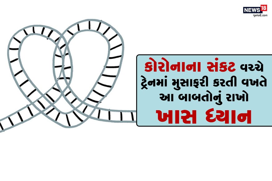 ભારતીય રેલવેએ 51 દિવસના લૉકડાઉન બાદ 12 મેથી પેસેન્જર ટ્રેન સર્વિસ શરૂ કરી છે. શરૂઆતમાં રેલવે 15 જોડી ટ્રેનો દોડાવી રહી છે. કોરોના સંકટની વચ્ચે ભારતીય રેલવે દ્વારા મુસાફરો માટે ગાઇડલાઇન જાહેર કરવામાં આવી છે. કોવિડ-19ના સંક્રમણથી બચવા માટે ટ્રેનમાં પ્રવાસ દરમિયાન આ બાબતોનું ધ્યાન રાખવું ખૂબ જ જરૂરી છે. (Image: Network18 Graphics) ભારતીય રેલવેએ 51 દિવસના લૉકડાઉન બાદ 12 મેથી પેસેન્જર ટ્રેન સર્વિસ શરૂ કરી છે. શરૂઆતમાં રેલવે 15 જોડી ટ્રેનો દોડાવી રહી છે. કોરોના સંકટની વચ્ચે ભારતીય રેલવે દ્વારા મુસાફરો માટે ગાઇડલાઇન જાહેર કરવામાં આવી છે. કોવિડ-19ના સંક્રમણથી બચવા માટે ટ્રેનમાં પ્રવાસ દરમિયાન આ બાબતોનું ધ્યાન રાખવું ખૂબ જ જરૂરી છે. (Image: Network18 Graphics)