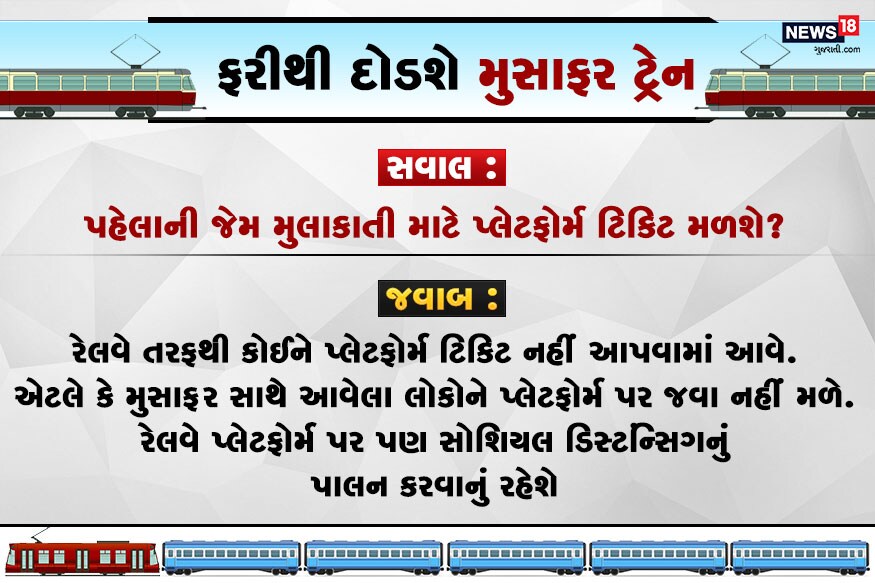 સવાલ : શું પહેલાની જેમ ટિકિટમાં છૂટ મળશે? ટ્રેનનું ભાડું શું હશે? જવાબ : રેલવેના કહેવા પ્રમાણે હાલ કોઈ પણ વર્ગમાં મુસાફરોની ટિકિટમાં કોઈ છૂટ નહીં આપવામાં આવે. આ ટ્રેનનું ભાડું રાજધાની ટ્રેન જેટલું હશે. એટલે કે તમામ કોચ એસી હશે. સવાલ : શું પહેલાની જેમ ટિકિટમાં છૂટ મળશે? ટ્રેનનું ભાડું શું હશે? જવાબ : રેલવેના કહેવા પ્રમાણે હાલ કોઈ પણ વર્ગમાં મુસાફરોની ટિકિટમાં કોઈ છૂટ નહીં આપવામાં આવે. આ ટ્રેનનું ભાડું રાજધાની ટ્રેન જેટલું હશે. એટલે કે તમામ કોચ એસી હશે.