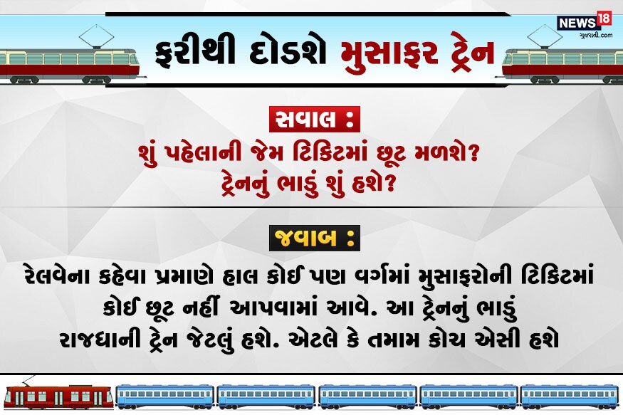 સવાલ : પહેલાની જેમ મુલાકાતી માટે પ્લેટફોર્મ ટિકિટ મળશે? જવાબ : રેલવે તરફથી કોઈને પ્લેટફોર્મ ટિકિટ નહીં આપવામાં આવે. એટલે કે મુસાફર સાથે આવેલા લોકોને પ્લેટફોર્મ પર જવા નહીં મળે. રેલવે પ્લેટફોર્મ પણ પણ સોશિયલ ડિસ્ટન્સિંગનું પાલન કરવાનું રહેશે. સવાલ : પહેલાની જેમ મુલાકાતી માટે પ્લેટફોર્મ ટિકિટ મળશે? જવાબ : રેલવે તરફથી કોઈને પ્લેટફોર્મ ટિકિટ નહીં આપવામાં આવે. એટલે કે મુસાફર સાથે આવેલા લોકોને પ્લેટફોર્મ પર જવા નહીં મળે. રેલવે પ્લેટફોર્મ પણ પણ સોશિયલ ડિસ્ટન્સિંગનું પાલન કરવાનું રહેશે.