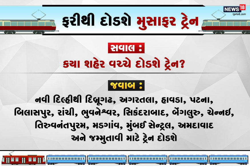 સવાલ : કયા શહેર વચ્ચે દોડશે ટ્રેન? જવાબ : નવી દિલ્હીથી દિબ્રૂગઢ, અગરતલા, હાવડા, પટના, બિલાસપુર, રાંચી, ભુવનેશ્વર, સિકંદરાબાદ, બેંગલુરુ, ચેન્નઇ, તિરુવનંતપુરમ, મડગાંવ, મુંબઈ સેન્ટ્રલ, અમદાવાદ અને જમ્મુતાવી માટે ટ્રેન દોડશે. સવાલ : કયા શહેર વચ્ચે દોડશે ટ્રેન? જવાબ : નવી દિલ્હીથી દિબ્રૂગઢ, અગરતલા, હાવડા, પટના, બિલાસપુર, રાંચી, ભુવનેશ્વર, સિકંદરાબાદ, બેંગલુરુ, ચેન્નઇ, તિરુવનંતપુરમ, મડગાંવ, મુંબઈ સેન્ટ્રલ, અમદાવાદ અને જમ્મુતાવી માટે ટ્રેન દોડશે.