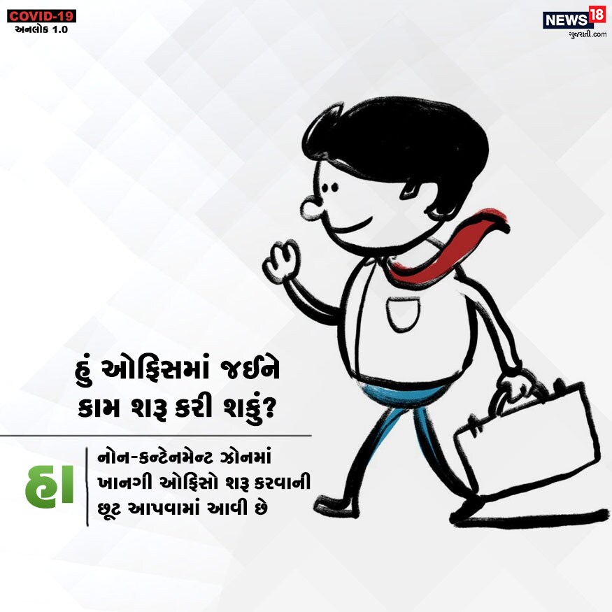 હું ઓફિસમાં જઈને કામ શરૂ કરી શકું? હા. નોન-કન્ટેનમેન્ટ ઝોનમાં ખાનગી ઓફિસો શરૂ કરવાની છૂટ આપવામાં આવી છે. હું ઓફિસમાં જઈને કામ શરૂ કરી શકું? હા. નોન-કન્ટેનમેન્ટ ઝોનમાં ખાનગી ઓફિસો શરૂ કરવાની છૂટ આપવામાં આવી છે.