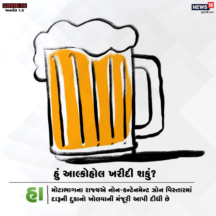 હું આલ્કોહોલ ખરીદી શકું? હા. મોટાભાગના રાજ્યએ નોન-કન્ટેનમેન્ટ ઝોન વિસ્તારમાં દારૂની દુકાનો ખોલવાની મંજૂરી આપી દીધી છે. હું આલ્કોહોલ ખરીદી શકું? હા. મોટાભાગના રાજ્યએ નોન-કન્ટેનમેન્ટ ઝોન વિસ્તારમાં દારૂની દુકાનો ખોલવાની મંજૂરી આપી દીધી છે.