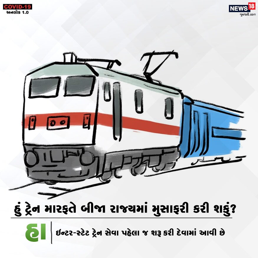 હું ટ્રેન મારફતે બીજા રાજ્યમાં મુસાફરી કરી શકું? હા. ઇન્ટર-સ્ટેટ ટ્રેન સેવા પહેલા જ શરૂ કરી દેવામાં આવી છે. હું ટ્રેન મારફતે બીજા રાજ્યમાં મુસાફરી કરી શકું? હા. ઇન્ટર-સ્ટેટ ટ્રેન સેવા પહેલા જ શરૂ કરી દેવામાં આવી છે.