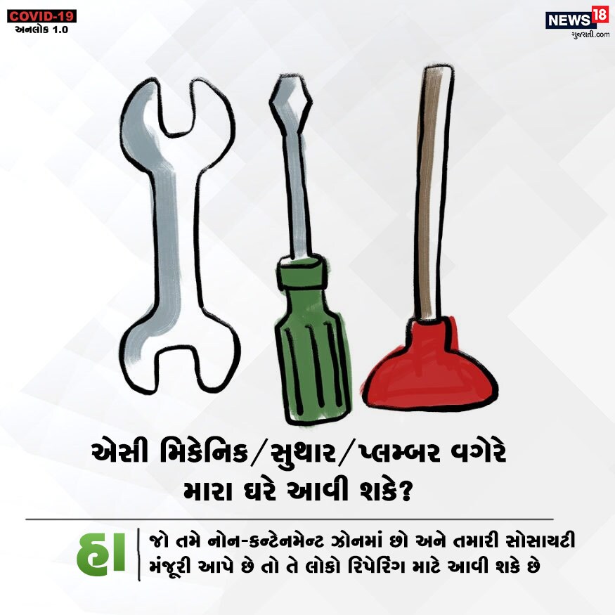 એસી મિકેનિક/સુથાર/પ્લમ્બર વગેરે મારા ઘરે આવી શકે? હા. જો તમે નોન-કન્ટેનમેન્ટ ઝોનમાં છો અને તમારા સોસાયટી મંજૂરી આપે છે તો તે લોકો રિપેરિંગ માટે આવી શકે છે. એસી મિકેનિક/સુથાર/પ્લમ્બર વગેરે મારા ઘરે આવી શકે? હા. જો તમે નોન-કન્ટેનમેન્ટ ઝોનમાં છો અને તમારા સોસાયટી મંજૂરી આપે છે તો તે લોકો રિપેરિંગ માટે આવી શકે છે.