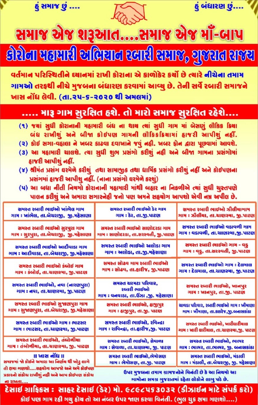 સમાજના અગ્રણીઓ એ ભેગા થઈને મહામારીને કેવી રીતે રોકી શકાય તે માટેના નિયમો સાથેનું બંધારણ ઘડ્યું છે. રબારી સમાજના અગ્રણી અમથાભાઈ દેસાઈ જણાવે છે કે પાટણ, ચાણસ્મા, મહેસાણા, રાધનપુર સહિત ઉત્તર ગુજરાતના સમાજના 80 ટકા લોકોએ આ નિયમોને સ્વીકૃતિ આપી છે. આ નિયમોમાં નક્કી કરાયું છે કે કોરોના મહામારીનો અંતના આવે ત્યાં સુધી નિયમોનું ચુસ્ત પાલન કરવામાં આવશે. આ નિયમો જ કોરોના વાયરસનું વધતું સંક્રમણ અટકાવશે. સમાજના અગ્રણીઓ એ ભેગા થઈને મહામારીને કેવી રીતે રોકી શકાય તે માટેના નિયમો સાથેનું બંધારણ ઘડ્યું છે. રબારી સમાજના અગ્રણી અમથાભાઈ દેસાઈ જણાવે છે કે પાટણ, ચાણસ્મા, મહેસાણા, રાધનપુર સહિત ઉત્તર ગુજરાતના સમાજના 80 ટકા લોકોએ આ નિયમોને સ્વીકૃતિ આપી છે. આ નિયમોમાં નક્કી કરાયું છે કે કોરોના મહામારીનો અંતના આવે ત્યાં સુધી નિયમોનું ચુસ્ત પાલન કરવામાં આવશે. આ નિયમો જ કોરોના વાયરસનું વધતું સંક્રમણ અટકાવશે.