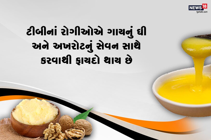 ટીબીનાં રોગીઓએ ગાયનું ઘી અને અખરોટનું સેવન સાથે કરવાથી ફાયદો થાય છે. 3 અખરોટ લસણની 5 કળી અને એક ચમચી ગાયનું ઘી આ બધુ જ મિક્સ કરી કુટી લો. આ મિશ્રણનું સેવન કરવાથી ટીબીનાં રોગીઓને લાભ થશે ટીબીનાં રોગીઓએ ગાયનું ઘી અને અખરોટનું સેવન સાથે કરવાથી ફાયદો થાય છે. 3 અખરોટ લસણની 5 કળી અને એક ચમચી ગાયનું ઘી આ બધુ જ મિક્સ કરી કુટી લો. આ મિશ્રણનું સેવન કરવાથી ટીબીનાં રોગીઓને લાભ થશે