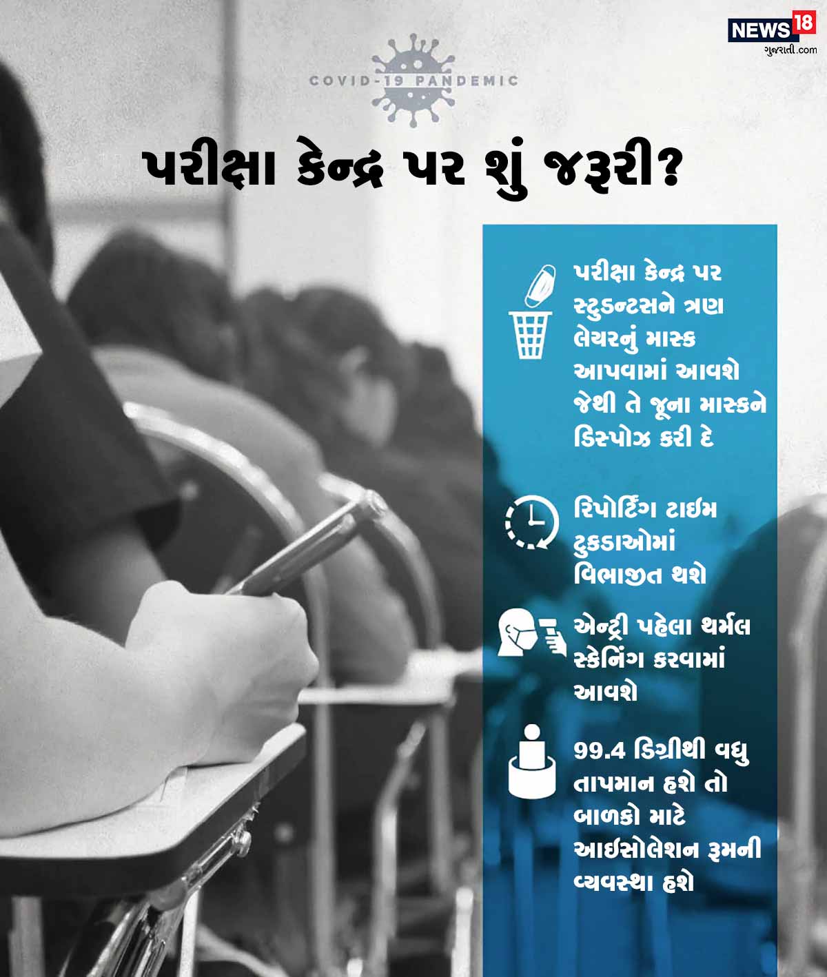 પરીક્ષા કેન્દ્ર પર સ્ટુડન્ટસને ત્રણ લેયરનું માસ્ક આપવામાં આવશે જેથી તે જૂના માસ્કને ડિસ્પોઝ કરી દે. રિપોર્ટિંગ ટાઇમ ટુકડાઓમાં વિભાજીત થશે. એન્ટ્રી પહેલા થર્મલ સ્કેનિંગ કરવામાં આવશે. 99.4 ડિગ્રીથી વધુ તાપમાન હશે તો બાળકો માટે આઇસોલેશન રૂમની વ્યવસ્થા હશે. પરીક્ષા કેન્દ્ર પર સ્ટુડન્ટસને ત્રણ લેયરનું માસ્ક આપવામાં આવશે જેથી તે જૂના માસ્કને ડિસ્પોઝ કરી દે. રિપોર્ટિંગ ટાઇમ ટુકડાઓમાં વિભાજીત થશે. એન્ટ્રી પહેલા થર્મલ સ્કેનિંગ કરવામાં આવશે. 99.4 ડિગ્રીથી વધુ તાપમાન હશે તો બાળકો માટે આઇસોલેશન રૂમની વ્યવસ્થા હશે.