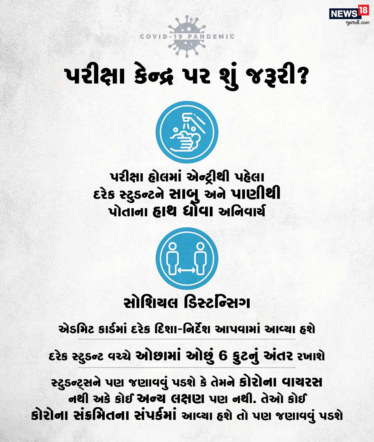 પરીક્ષા હોલમાં એન્ટ્રીથી પહેલા દરેક સ્ટુડન્ટને સાબુ અને પાણીથી પોતાના હાથ ધોવા અનિવાર્ય. એડમિટ કાર્ડમાં દરેક દિશા-નિર્દેશ આપવામાં આવ્યા હશે. દરેક સ્ટુડન્ટ વચ્ચે ઓછામાં ઓછું 6 ફુટનું અંતર રખાશે. સ્ટુડન્ટ્સને પણ જણાવવું પડશે કે તેમને કોરોના વાયરસ નથી અકે કોઈ અન્ય લક્ષણ પણ નથી. તેઓ કોઈ કોરોના સંક્રમિતના સંપર્કમાં આવ્યા હશે તો પણ જણાવવું પડશે. પરીક્ષા હોલમાં એન્ટ્રીથી પહેલા દરેક સ્ટુડન્ટને સાબુ અને પાણીથી પોતાના હાથ ધોવા અનિવાર્ય. એડમિટ કાર્ડમાં દરેક દિશા-નિર્દેશ આપવામાં આવ્યા હશે. દરેક સ્ટુડન્ટ વચ્ચે ઓછામાં ઓછું 6 ફુટનું અંતર રખાશે. સ્ટુડન્ટ્સને પણ જણાવવું પડશે કે તેમને કોરોના વાયરસ નથી અકે કોઈ અન્ય લક્ષણ પણ નથી. તેઓ કોઈ કોરોના સંક્રમિતના સંપર્કમાં આવ્યા હશે તો પણ જણાવવું પડશે.