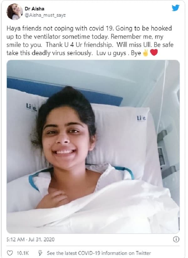 ડૉક્ટર આઇશાનો 17 જુલાઇના રોજ જન્મદિવસ હતો. જેને તેણે ઘણો સારી રીતે ઉજવ્યો. જેનો એક વીડિયો પણ પોતાના ટ્વિટર એકાઉન્ટ મુક્યો હતો. જેમા તે ઘણી જ ખુશ લાગી રહી હતી. વીડિયોમાં દેખાઇ રહ્યું છે કે તે પોતાના પ્રિયજનો સાથે બર્થડે ઉજવી રહી છે. આ સાથે આઇશાએ હૉસ્પિટલમાં પણ પોતાની એક તસવીર લીધી હતી. 31 જુલાઇના રોજ લીધેલી પોતાની તસવીર ઇન્સ્ટા એકાઉન્ટ પર અપલોડ કરી હતી. પરંતુ ત્યારે તેને નહીં ખબર હોય કે આ તેની છેલ્લી પોસ્ટ હશે. ડૉક્ટર આઇશાનો 17 જુલાઇના રોજ જન્મદિવસ હતો. જેને તેણે ઘણો સારી રીતે ઉજવ્યો. જેનો એક વીડિયો પણ પોતાના ટ્વિટર એકાઉન્ટ મુક્યો હતો. જેમા તે ઘણી જ ખુશ લાગી રહી હતી. વીડિયોમાં દેખાઇ રહ્યું છે કે તે પોતાના પ્રિયજનો સાથે બર્થડે ઉજવી રહી છે. આ સાથે આઇશાએ હૉસ્પિટલમાં પણ પોતાની એક તસવીર લીધી હતી. 31 જુલાઇના રોજ લીધેલી પોતાની તસવીર ઇન્સ્ટા એકાઉન્ટ પર અપલોડ કરી હતી. પરંતુ ત્યારે તેને નહીં ખબર હોય કે આ તેની છેલ્લી પોસ્ટ હશે.