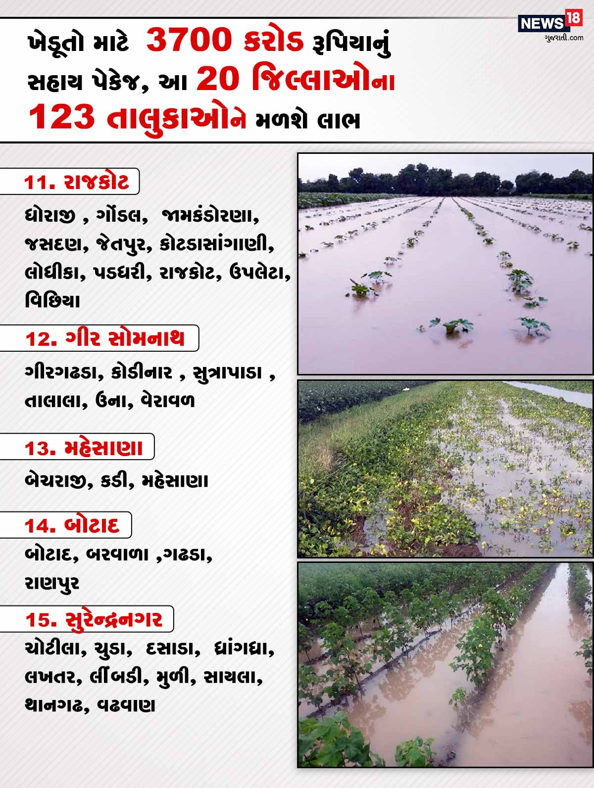 11. રાજકોટ - ધોરાજી , ગોંડલ, જામકંડોરણા, જસદણ, જેતપુર, કોટડાસાંગાણી, લોધીકા, પડધરી, રાજકોટ, ઉપલેટા, વિછિયા. 12. ગીર સોમનાથ - ગીરગઢડા, કોડીનાર , સુત્રાપાડા , તાલાલા, ઉના, વેરાવળ. 13. મહેસાણા - બેચરાજી, કડી, મહેસાણા. 14. બોટાદ - બોટાદ, બરવાળા ,ગઢડા, રાણપુર. 15. સુરેન્દ્રનગર - ચોટીલા, ચુડા, દસાડા, ધ્રાંગધ્રા લખતર, લીંબડી, મુળી, સાયલા, થાનગઢ, વઢવાણ. (પ્રતિકાત્મક તસવીર) 11. રાજકોટ - ધોરાજી , ગોંડલ, જામકંડોરણા, જસદણ, જેતપુર, કોટડાસાંગાણી, લોધીકા, પડધરી, રાજકોટ, ઉપલેટા, વિછિયા. 12. ગીર સોમનાથ - ગીરગઢડા, કોડીનાર , સુત્રાપાડા , તાલાલા, ઉના, વેરાવળ. 13. મહેસાણા - બેચરાજી, કડી, મહેસાણા. 14. બોટાદ - બોટાદ, બરવાળા ,ગઢડા, રાણપુર. 15. સુરેન્દ્રનગર - ચોટીલા, ચુડા, દસાડા, ધ્રાંગધ્રા લખતર, લીંબડી, મુળી, સાયલા, થાનગઢ, વઢવાણ. (પ્રતિકાત્મક તસવીર)