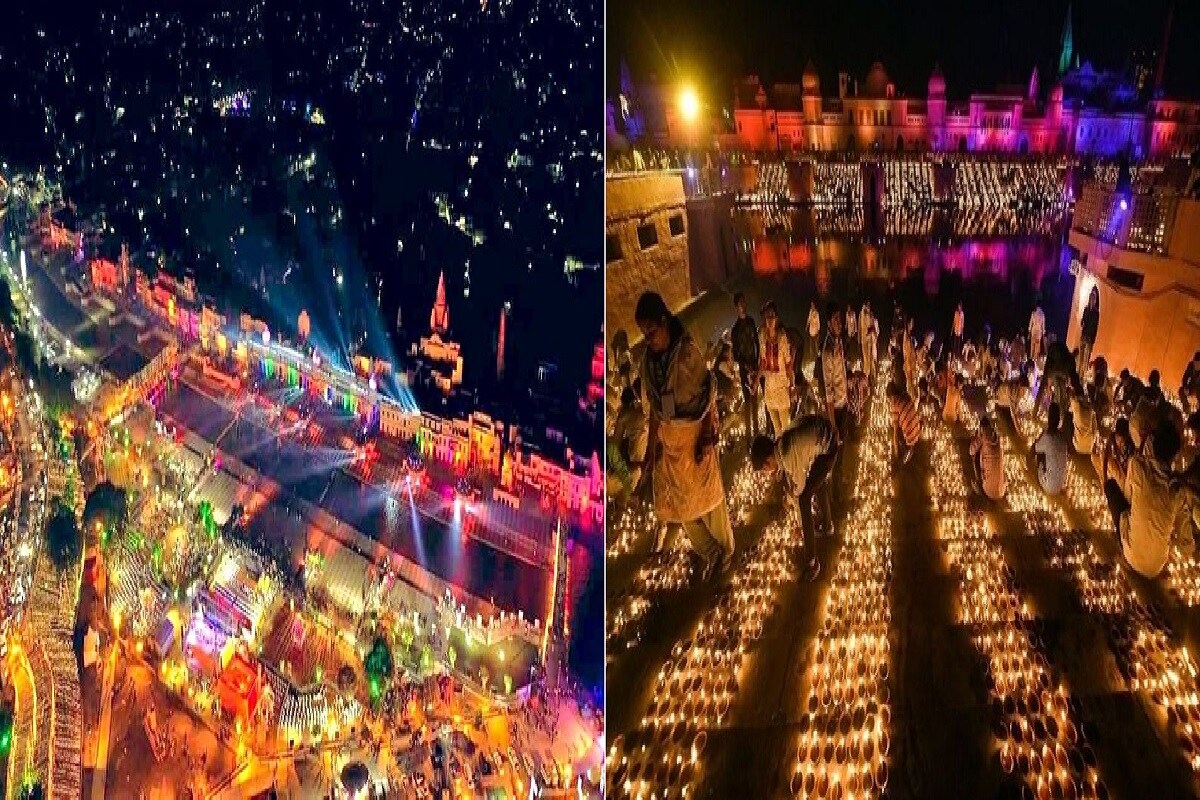 અયોધ્યાઃ રામનગરી અયોધ્યામાં (Ayodhya) દિપાવલીના (Diwali) આવરસ ઉપર ભવ્ય દિપોત્સવનું (Dipotsav) આયોજન કરવામાં આવ્યું છે. આ અવસર ઉપર અયોધ્યાના ઘાટ ઉપર રોનક જોવા મળી હતી. કોરોના વાયરસ સંક્રમણના કારણે મોટી સંખ્યામાં શ્રદ્ધાળું આ કાર્યક્રમમાં હાજરી આપી શક્યા ન હતા. જેને ધ્યાનમાં રાખીને વર્ચ્યુઅલ દિપોત્સવની વેબસાઈટ પણ સરકારે લોન્ચ કરી હતી. અયોધ્યામાં રામ મંદિર નિર્માણ કાર્ય શરુ થયા બાદનો આ પહેલો દિપોત્સવ છે. આ દરમિયાન અહીં 5.84 લાખથી વધારે દિવડાઓ પ્રગટ્યાવીને વર્લ્ડ રેકોર્ડ સ્થાપિત કર્યો છે. અયોધ્યાઃ રામનગરી અયોધ્યામાં (Ayodhya) દિપાવલીના (Diwali) આવરસ ઉપર ભવ્ય દિપોત્સવનું (Dipotsav) આયોજન કરવામાં આવ્યું છે. આ અવસર ઉપર અયોધ્યાના ઘાટ ઉપર રોનક જોવા મળી હતી. કોરોના વાયરસ સંક્રમણના કારણે મોટી સંખ્યામાં શ્રદ્ધાળું આ કાર્યક્રમમાં હાજરી આપી શક્યા ન હતા. જેને ધ્યાનમાં રાખીને વર્ચ્યુઅલ દિપોત્સવની વેબસાઈટ પણ સરકારે લોન્ચ કરી હતી. અયોધ્યામાં રામ મંદિર નિર્માણ કાર્ય શરુ થયા બાદનો આ પહેલો દિપોત્સવ છે. આ દરમિયાન અહીં 5.84 લાખથી વધારે દિવડાઓ પ્રગટ્યાવીને વર્લ્ડ રેકોર્ડ સ્થાપિત કર્યો છે.