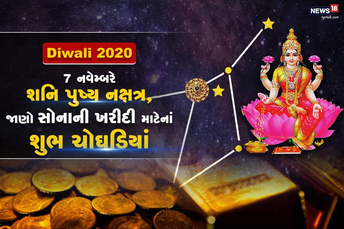 ધર્મ ભક્તિ ડેસ્ક: આ દિવાળીએ પૂર્વે શનિવારે અને રવિવારે પુષ્ય નક્ષત્ર આવે છે. આ પવિત્ર શનિ પુષ્ય નક્ષત્ર શનિવારે 7 નવેમ્બર 2020નાં સવારે 8.04 વાગ્યાથી શરૂ થઇને બીજા દિવસે રવિવારે સવારે 8.44 વાગ્યા સુધી રહેશે. નક્ષત્ર યોગ 24 કલાક 40 મિનિટ સુધી રહેશે. ધર્મ ભક્તિ ડેસ્ક: આ દિવાળીએ પૂર્વે શનિવારે અને રવિવારે પુષ્ય નક્ષત્ર આવે છે. આ પવિત્ર શનિ પુષ્ય નક્ષત્ર શનિવારે 7 નવેમ્બર 2020નાં સવારે 8.04 વાગ્યાથી શરૂ થઇને બીજા દિવસે રવિવારે સવારે 8.44 વાગ્યા સુધી રહેશે. નક્ષત્ર યોગ 24 કલાક 40 મિનિટ સુધી રહેશે.