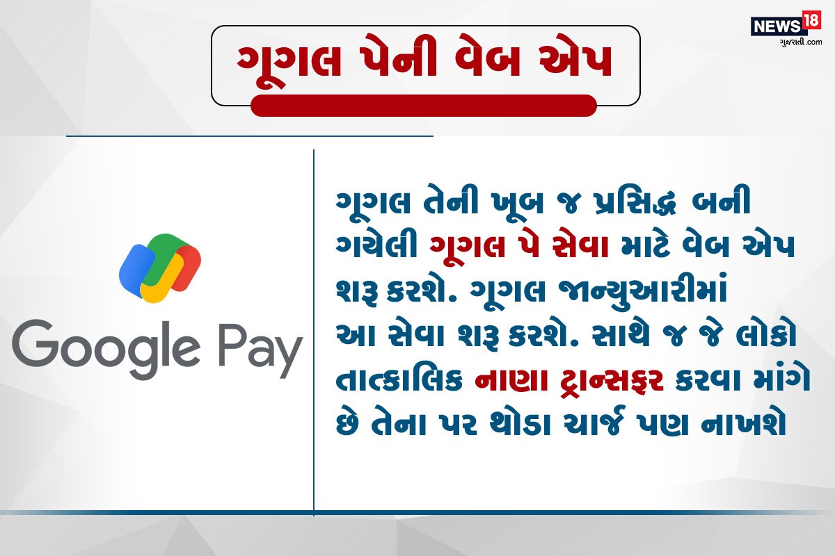 ગૂગલ પેની વેબ એપ- ગૂગલ તેની ખૂબ જ પ્રસિદ્ધ બની ગયેલી ગૂગલ પે સેવા માટે વેબ એપ શરૂ કરશે. ગૂગલ જાન્યુઆરીમાં આ સેવા શરૂ કરશે. સાથે જ જે લોકો તાત્કાલિક નાણા ટ્રાન્સફર કરવા માંગે છે તેના પર થોડા ચાર્જ પણ નાખશે. ગૂગલ પેની વેબ એપ- ગૂગલ તેની ખૂબ જ પ્રસિદ્ધ બની ગયેલી ગૂગલ પે સેવા માટે વેબ એપ શરૂ કરશે. ગૂગલ જાન્યુઆરીમાં આ સેવા શરૂ કરશે. સાથે જ જે લોકો તાત્કાલિક નાણા ટ્રાન્સફર કરવા માંગે છે તેના પર થોડા ચાર્જ પણ નાખશે.