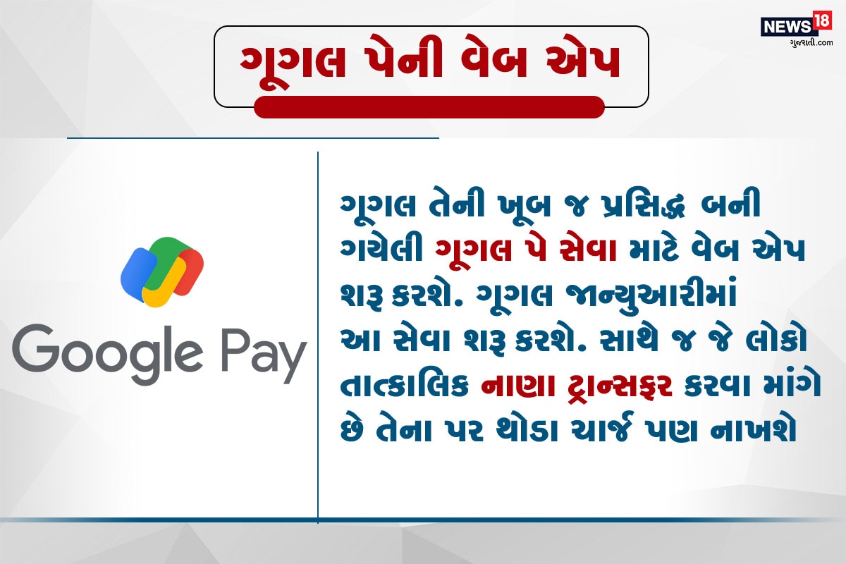 8. ગૂગલ પેની વેબ એપ ગૂગલ તેની ખૂબ જ પ્રસિદ્ધ બની ગયેલી ગૂગલ પે સેવા માટે વેબ એપ શરૂ કરશે. ગૂગલ જાન્યુઆરીમાં આ સેવા શરૂ કરશે. સાથે જ જે લોકો તાત્કાલિક નાણા ટ્રાન્સફર કરવા માંગે છે તેના પર થોડા ચાર્જ પણ નાખશે. 8. ગૂગલ પેની વેબ એપ ગૂગલ તેની ખૂબ જ પ્રસિદ્ધ બની ગયેલી ગૂગલ પે સેવા માટે વેબ એપ શરૂ કરશે. ગૂગલ જાન્યુઆરીમાં આ સેવા શરૂ કરશે. સાથે જ જે લોકો તાત્કાલિક નાણા ટ્રાન્સફર કરવા માંગે છે તેના પર થોડા ચાર્જ પણ નાખશે.