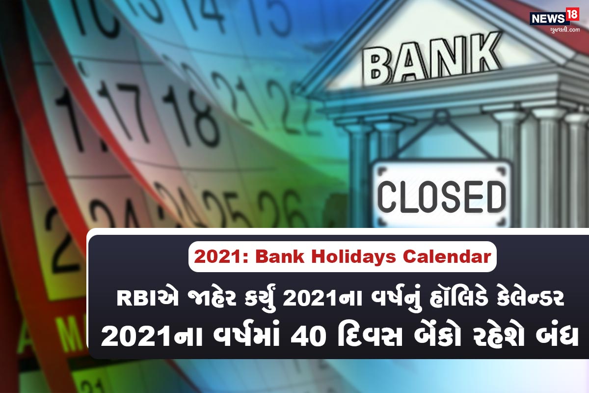 નવી દિલ્હી: 2020ની વિદાયના હવે ગણતરીના દિવસો બાકી રહ્યા છે. 2021નું વર્ષ (New year) નવી આશાઓ લઈને આવશે. લોકો ઇચ્છી રહ્યા છે કે 2021ના વર્ષમાં તેમના કોરોના (Coronavirus) નામના ભયંકર વાયરસથી છૂટકારો મળશે. નવું વર્ષ થોડા દિવસોમાં શરૂ થશે ત્યારે અમે તમને બેંકોમાં નવા વર્ષ દરમિયાન કયા કયા દિવસોમાં રજા રહેશે (2021 Bank Holidays Calendar) તેની યાદી આપી રહ્યા છીએ. રિઝર્વ બેંક ઑફ ઇન્ડિયા (Reserve Bank of India)ના જણાવ્યા પ્રમાણે 2021ના વર્ષમાં એવા 40 દિવસ છે જ્યારે બેંકો બંધ રહેશે. અહીં એ નોંધવું જરૂરી છે કે અમુક રજા એવી હોય છે જે તમામ રાજ્યમાં લાગૂ નથી થતી. નવી દિલ્હી: 2020ની વિદાયના હવે ગણતરીના દિવસો બાકી રહ્યા છે. 2021નું વર્ષ (New year) નવી આશાઓ લઈને આવશે. લોકો ઇચ્છી રહ્યા છે કે 2021ના વર્ષમાં તેમના કોરોના (Coronavirus) નામના ભયંકર વાયરસથી છૂટકારો મળશે. નવું વર્ષ થોડા દિવસોમાં શરૂ થશે ત્યારે અમે તમને બેંકોમાં નવા વર્ષ દરમિયાન કયા કયા દિવસોમાં રજા રહેશે (2021 Bank Holidays Calendar) તેની યાદી આપી રહ્યા છીએ. રિઝર્વ બેંક ઑફ ઇન્ડિયા (Reserve Bank of India)ના જણાવ્યા પ્રમાણે 2021ના વર્ષમાં એવા 40 દિવસ છે જ્યારે બેંકો બંધ રહેશે. અહીં એ નોંધવું જરૂરી છે કે અમુક રજા એવી હોય છે જે તમામ રાજ્યમાં લાગૂ નથી થતી.