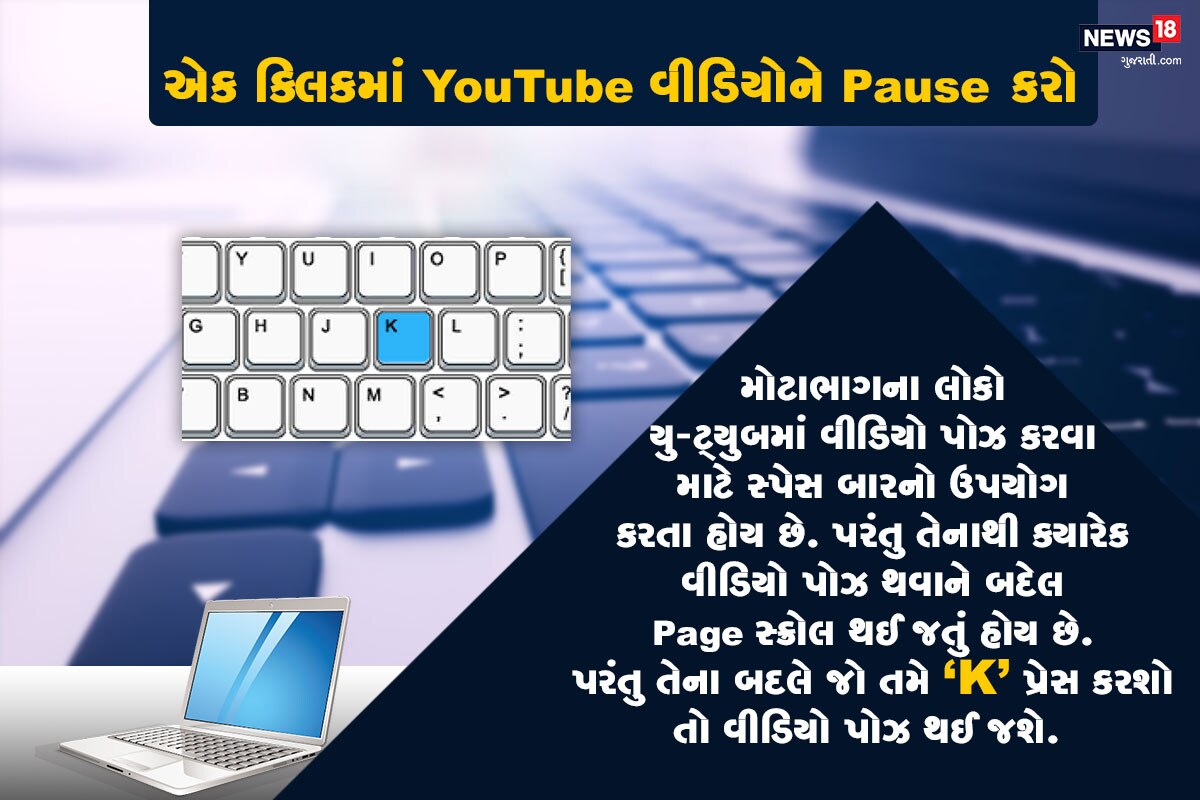 એક ક્લિકમાં YouTube વીડિયોને Pause કરો: મોટાભાગના લોકો યુ-ટ્યુબમાં વીડિયો પોઝ કરવા માટે સ્પેસ બારનો ઉપયોગ કરતા હોય છે. પરંતુ તેનાથી ક્યારેક વીડિયો પોઝ થવાને બદેલ Page સ્ક્રોલ થઈ જતું હોય છે. પરંતુ તેના બદલે જો તમે "K" પ્રેસ કરશો તો વીડિયો પોઝ થઈ જશે. આ ઉપરાંત જો તમે "J" દબાવશો તો તમે 10 સેકન્ડ પાછળ જઈ શકશો અને જો "L" દબાવશો તો 10 સેકન્ડ આગળ જઈ શકશો. એક ક્લિકમાં YouTube વીડિયોને Pause કરો: મોટાભાગના લોકો યુ-ટ્યુબમાં વીડિયો પોઝ કરવા માટે સ્પેસ બારનો ઉપયોગ કરતા હોય છે. પરંતુ તેનાથી ક્યારેક વીડિયો પોઝ થવાને બદેલ Page સ્ક્રોલ થઈ જતું હોય છે. પરંતુ તેના બદલે જો તમે "K" પ્રેસ કરશો તો વીડિયો પોઝ થઈ જશે. આ ઉપરાંત જો તમે "J" દબાવશો તો તમે 10 સેકન્ડ પાછળ જઈ શકશો અને જો "L" દબાવશો તો 10 સેકન્ડ આગળ જઈ શકશો.