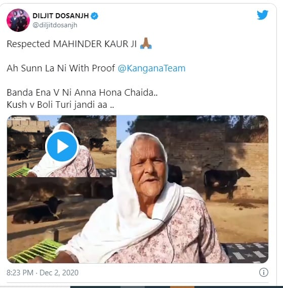 કંગનાને તેની આ ટ્વિટ માટે ઘણી ટ્રોલ કરવામાં આવી છે કારણ કે આ ટ્વિટ ખોટી હતી. જે બાદ કંગનાએ તેની ટ્વિટ ડિલીટ કરી નાંખી હતી. કંગનાની આ ટ્વિટનાં જવાબમાં દિલજીતે ખેડૂત દાદીનો વીડિયો પોસ્ટ કરતાં લખ્યું હતું કે, કંગના પૂરાવા સાથે આ સાંભળી લો. કોઇએ એટલું પણ અંધ ભક્ત ન હોવું જોઇએ. કંગનાને તેની આ ટ્વિટ માટે ઘણી ટ્રોલ કરવામાં આવી છે કારણ કે આ ટ્વિટ ખોટી હતી. જે બાદ કંગનાએ તેની ટ્વિટ ડિલીટ કરી નાંખી હતી. કંગનાની આ ટ્વિટનાં જવાબમાં દિલજીતે ખેડૂત દાદીનો વીડિયો પોસ્ટ કરતાં લખ્યું હતું કે, કંગના પૂરાવા સાથે આ સાંભળી લો. કોઇએ એટલું પણ અંધ ભક્ત ન હોવું જોઇએ.