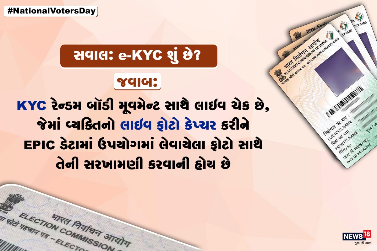 સવાલ: e-KYC શું છે? જવાબ: e-KYC રેન્ડમ બૉડી મૂવમેન્ટ સાથે લાઇવ ચેક છે, જેમાં વ્યક્તિનો લાઇવ ફોટો કેપ્ચર કરીને EPIC ડેટામાં ઉપયોગમાં લેવાયેલા ફોટો સાથે તેની સરખામણી કરવાની હોય છે. સવાલ: e-KYC શું છે? જવાબ: e-KYC રેન્ડમ બૉડી મૂવમેન્ટ સાથે લાઇવ ચેક છે, જેમાં વ્યક્તિનો લાઇવ ફોટો કેપ્ચર કરીને EPIC ડેટામાં ઉપયોગમાં લેવાયેલા ફોટો સાથે તેની સરખામણી કરવાની હોય છે.