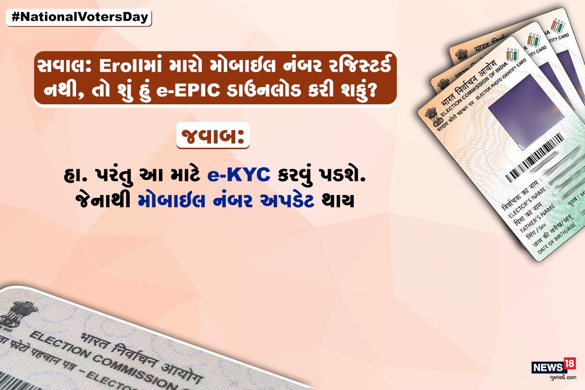 સવાલ: Erollમાં મારો મોબાઇલ નંબર રજિસ્ટર્ડ નથી, તો શું હું e-EPIC ડાઉનલોડ કરી શકું? જવાબ: હા. પરંતુ આ માટે e-KYC કરવું પડશે. જેનાથી મોબાઇલ નંબર અપડેટ થાય. સવાલ: Erollમાં મારો મોબાઇલ નંબર રજિસ્ટર્ડ નથી, તો શું હું e-EPIC ડાઉનલોડ કરી શકું? જવાબ: હા. પરંતુ આ માટે e-KYC કરવું પડશે. જેનાથી મોબાઇલ નંબર અપડેટ થાય.