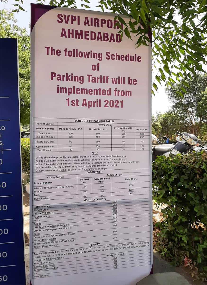 Ahmedabad Sardar Vallabhbhai Patel airport revised parking charges
