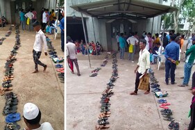 ગીર સોમનાથ: સોશિયલ ડિસ્ટન્સિંગ જળવાઈ રહે તે માટે લોકોની જગ્યાએ ચંપલની લાઈન