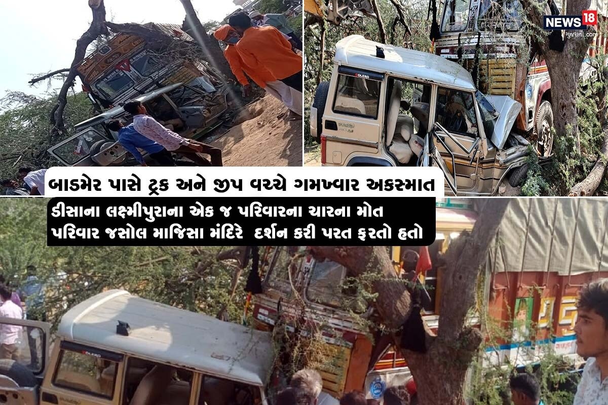 આનંદ જયસ્વાલ, બનાસકાંઠા: બનાસકાંઠા જિલ્લાના (banaskantha news) ડીસા તાલુકાના (deesa news) લક્ષ્મીપુરા ગામના સુથાર પરિવારના (surat family) સભ્યો રાજસ્થાન બાડમેર જિલ્લામાં આવેલ જસોલ ખાતે માજિસા મંદિરે દર્શન કરી પરત ફરતા હતા. તે દરમિયાન રાજસ્થાનના (rajasthan) સિણદરી પાસે ટ્રકે બોલેરોને (truck and jeep accident) જોરદાર ટક્કર મારતા અકસ્માત સર્જાયો હતી જેમાં સુથાર પરિવારના ચાર સભ્યોના ઘટના (4 death in accident) સ્થળે મોત થયા છે. આનંદ જયસ્વાલ, બનાસકાંઠા: બનાસકાંઠા જિલ્લાના (banaskantha news) ડીસા તાલુકાના (deesa news) લક્ષ્મીપુરા ગામના સુથાર પરિવારના (surat family) સભ્યો રાજસ્થાન બાડમેર જિલ્લામાં આવેલ જસોલ ખાતે માજિસા મંદિરે દર્શન કરી પરત ફરતા હતા. તે દરમિયાન રાજસ્થાનના (rajasthan) સિણદરી પાસે ટ્રકે બોલેરોને (truck and jeep accident) જોરદાર ટક્કર મારતા અકસ્માત સર્જાયો હતી જેમાં સુથાર પરિવારના ચાર સભ્યોના ઘટના (4 death in accident) સ્થળે મોત થયા છે.