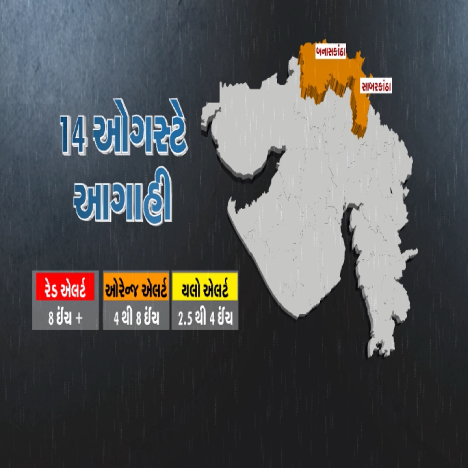 એક સપ્તાહથી વધુ સમયથી રાજ્યમાં વધતા ઓછા પ્રમાણમાં અલગ-અલગ વિસ્તારમાં વરસાદ વરસ્યો છે. હજુ પણ હળવો વરસાદ યથાવત છે. એવામાં હવામાન વિભાગના અનુમાન પ્રમાણે રવિવારે બનાસકાંઠા અને સાબરકાંઠામાં ભારે વરસાદની સંભાવના છે. આ ઉપરાંત 15 ઓગસ્ટે નવસારી, વલસાડ, દમણ અને દાદરા નગર હવેલીમાં ભારેથી અતિભારે વરસાદની સંભાવના છે. જ્યારે બનાસકાંઠા, સાબરકાંઠા, મહેસાણા, અરવલ્લી, સુરત, ડાંગ અને તાપીમાં ભારે વરસાદ વરસી શકે છે.