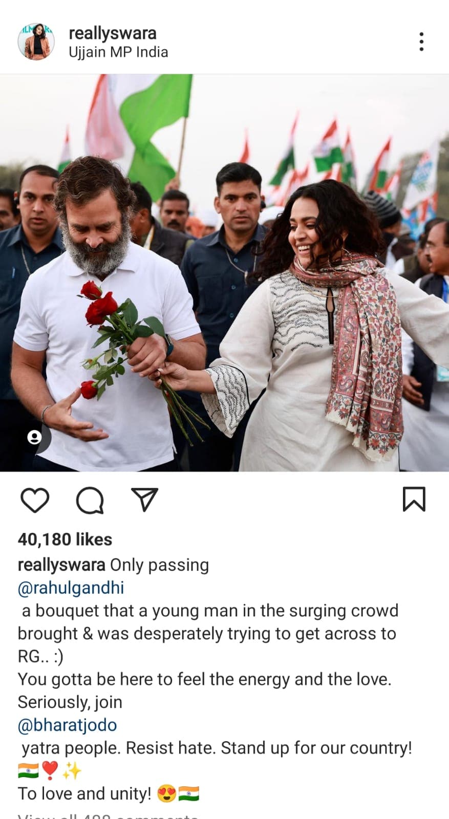 bollywood swara bhaskar joins rahul gandhi bharat jodo yatra shares photo